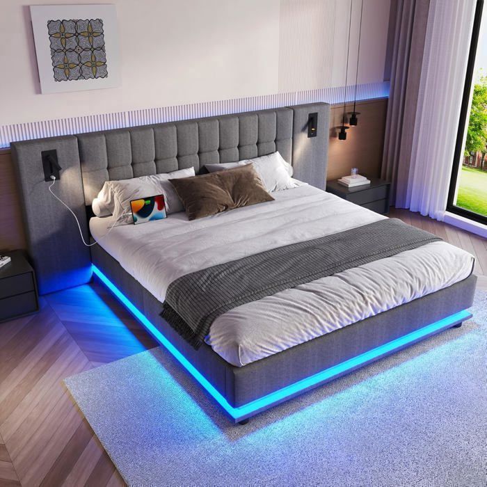 Lemonbest Lit Double rembourré 180x200 cm avec Bande Lumineuse LED Multicolore et USB tête de lit avec spot sans matelas - Gris