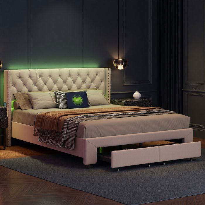 Lit adulte 160x200 cm - COZY - LED - tissu en velours - sommier - tiroir - cadre de lit double 160x200 cm - beige Lit adulte 160x200 cm - COZY - LED - tissu en velours - sommier - tiroir - cadre de lit double 160x200 cm - beige