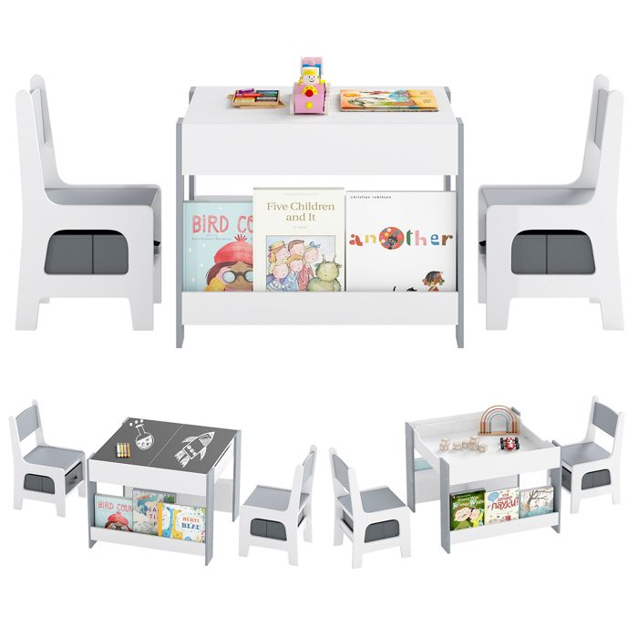 COSTWAY Table 4 en 1 et 2 Chaises Enfants - Plateaux Réversibles Double Face & Bibliothèques Latérales Tiroirs en Tissu Gris
