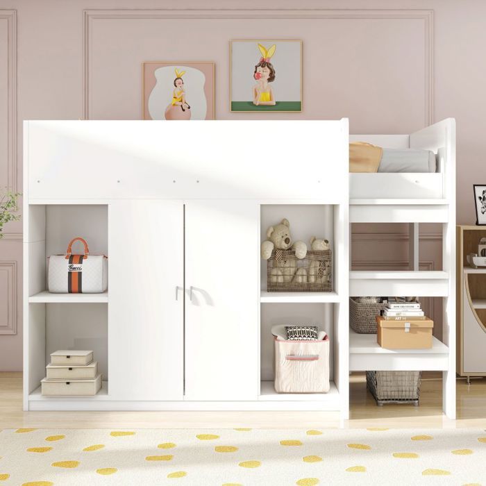 Lit Mezzanine Enfant 90x200-Blanc-Rangements Penderie Étagères-Échelle et Structure Renforcée-Sécurité Optimale-Chambre-sans Lit Mezzanine Enfant 90x200-Blanc-Rangements Penderie Étagères-Échelle et Structure Renforcée-Sécurité Optimale-Chambre-sans