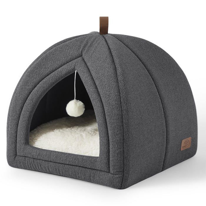 Meilleurs prix pour Panier Tanière pour Chat  - Niche dIntérieur avec Coussin Sherpa Amovible & Jouet Suspendu Lavable Gris Foncé