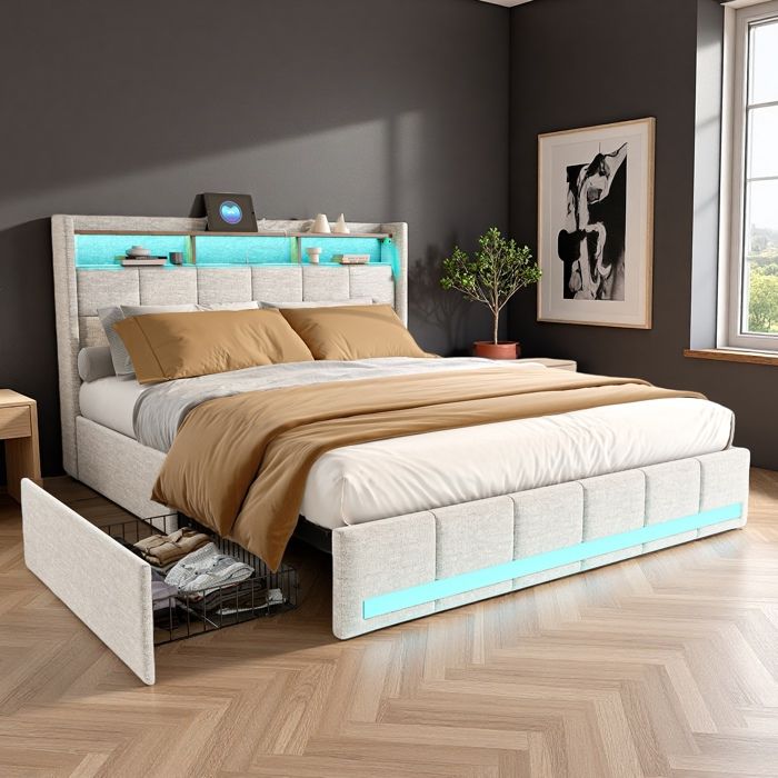 Lit double 180x200 cm avec sommier à lattes Lit capitonné 180x200cm 4 tiroirs et LED Lit adulte Cadre de lit 180x200 cm Beige