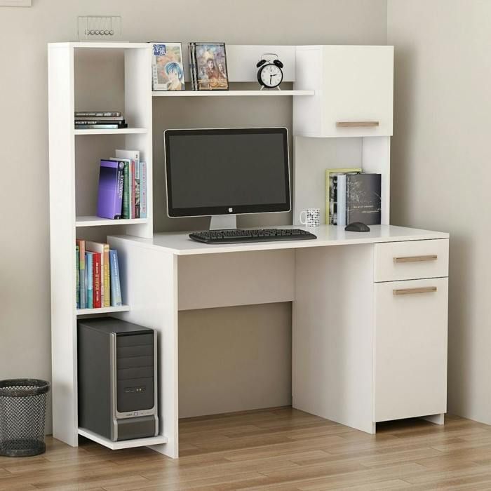 Bureau ordinateur fixe blanc avec rangement et étagères MARFA