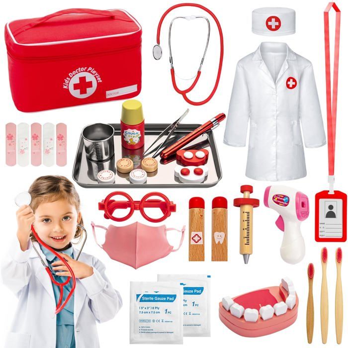 Mallette Docteur En Bois – Jeu De Rôle Médecin Et Dentiste – Avec Stéthoscope, Blouse, Bonnet – Dès 3 Ans – TGTT