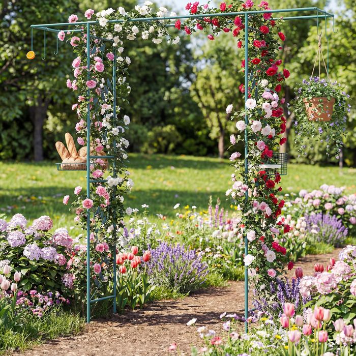 Arche Jardin Métal 2M - RELAX4LIFE - Mangeoire pour Oiseaux - Bols dEau et Panier en Treillis - 7 Crochets - Arche Mariage - Vert