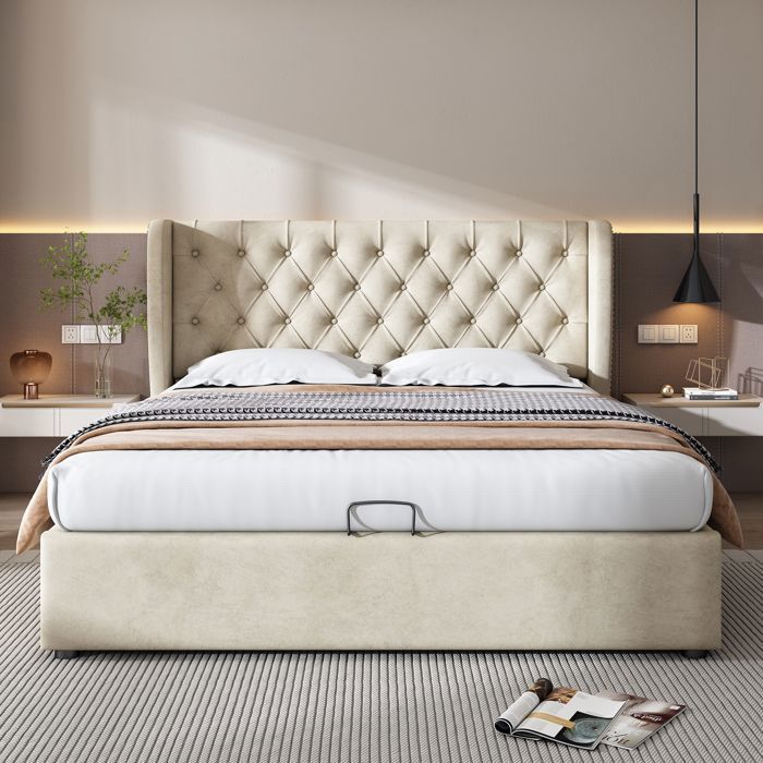 Lit double Maisentiel 160x200 cm velours capitonné beige - têtière haute 99 cm coffre hydraulique et sommier inclus