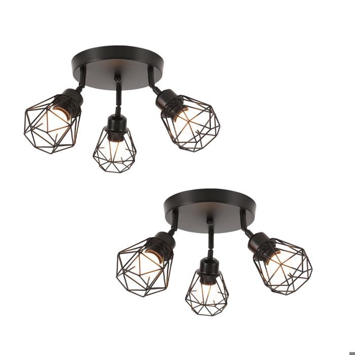 iDEGU 2pcs 3 Spot de Plafond Industrielle E27 Lampe de Plafond Vintage en Métal Abat-jour en Cage Lustre Spot pour Chambre Cuisine