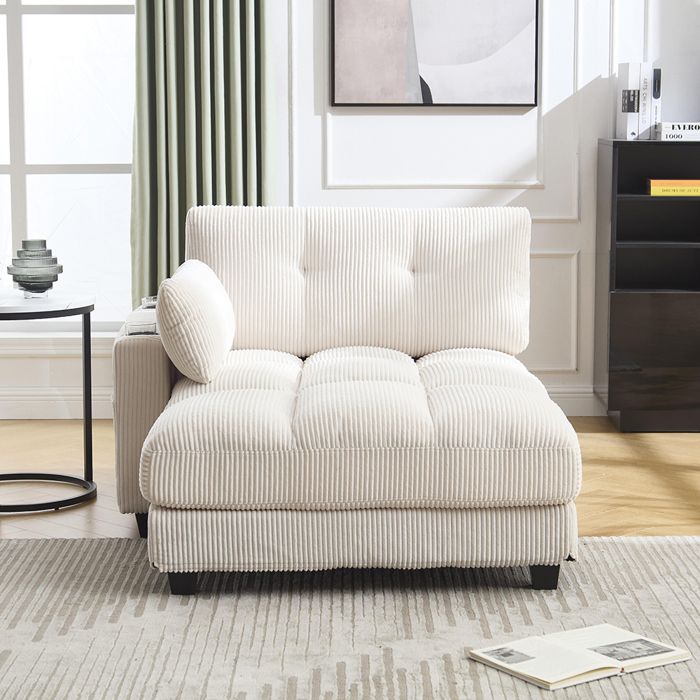 Fauteuil convertible - MINIMAL - Lounge - Velours côtelé beige - Avec repose-tête et rangements - Porte-gobelets