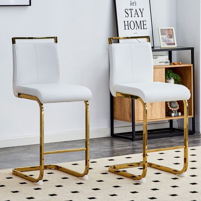 Lot de 2 Tabourets de bar 39x46 5x96 5cm design scandinave moderne avec repose-pieds en Simili Cuir Blanc et Doré