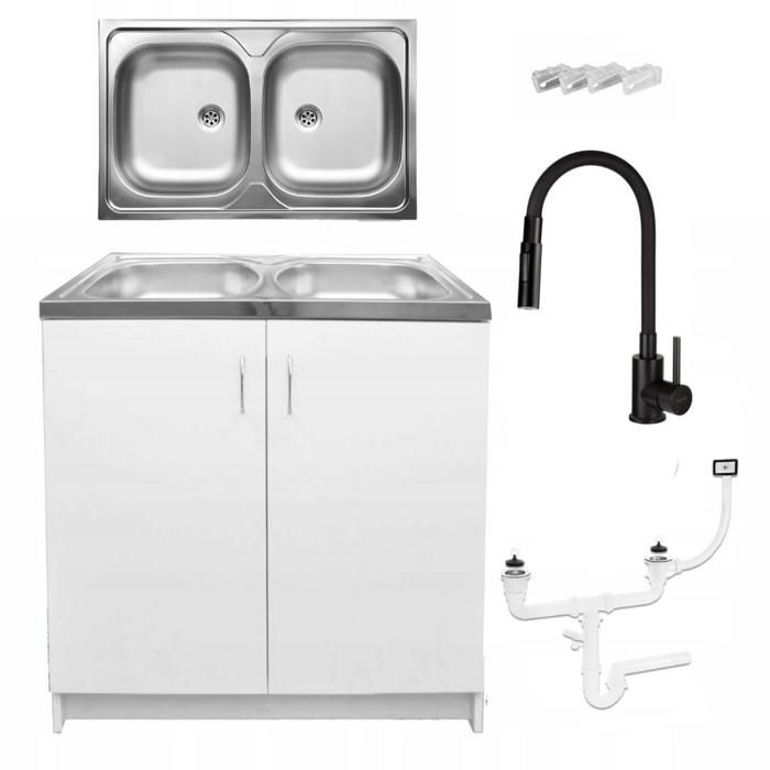 STAMAR Meuble sous Évier 80 cm Blanc + Évier Inox 2 Bacs + Robinet Extensible 2-en-1 Noir + Siphon LV - 80x49x82 cm