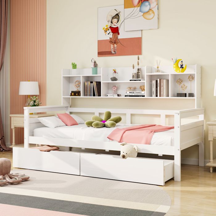 Lit Banquette Lit Simple 90x200 Cm Avec Lit Enfant Étagère Intégrée Tiroirs de Rangement Bois Massif Et Métal Couleur Blanc