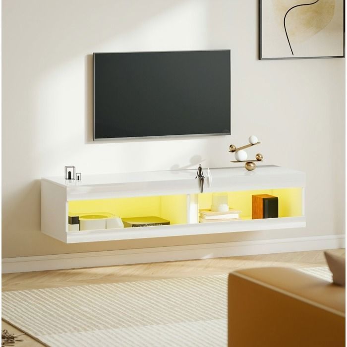 Meuble TV suspendu blanc brillant L 140 x P 40 x H 30 cm LED RGB 2 niches passe-câbles
