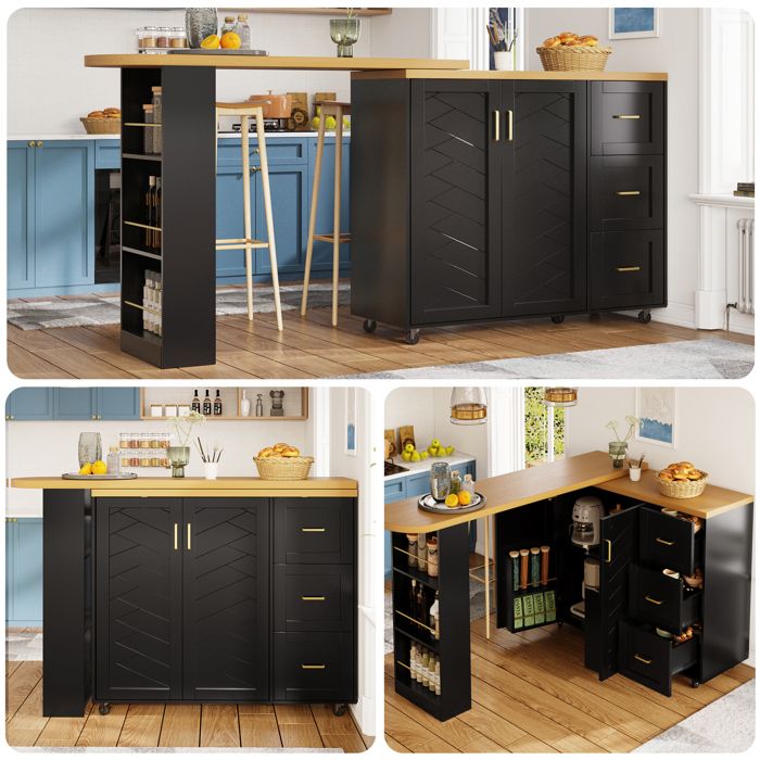 Chariot de bar extensible - 135-228x39x104 cm - Noir - Roulant - 2 portes - 3 tiroirs - Plan de travail aspect bois