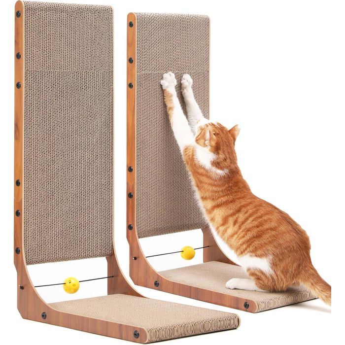 Comparer les prix de Lot 2 griffoirs chat forme L 68 cm carton avec balle couleur noisette