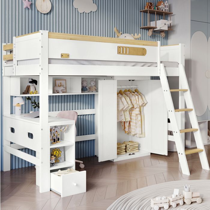 Lit superposé 90 x 200 cm enfant blanc et naturel avec bureau armoire et rangements