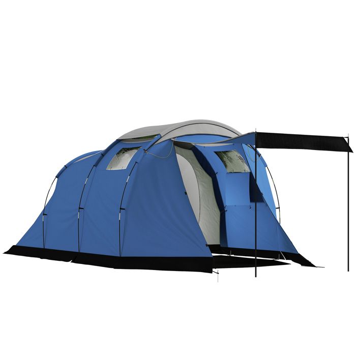 Tente de camping tunnel - Outsunny - 4 personnes imperméable 3000mm séjour spacieux double couche - polyester - 190cm - bleu foncé