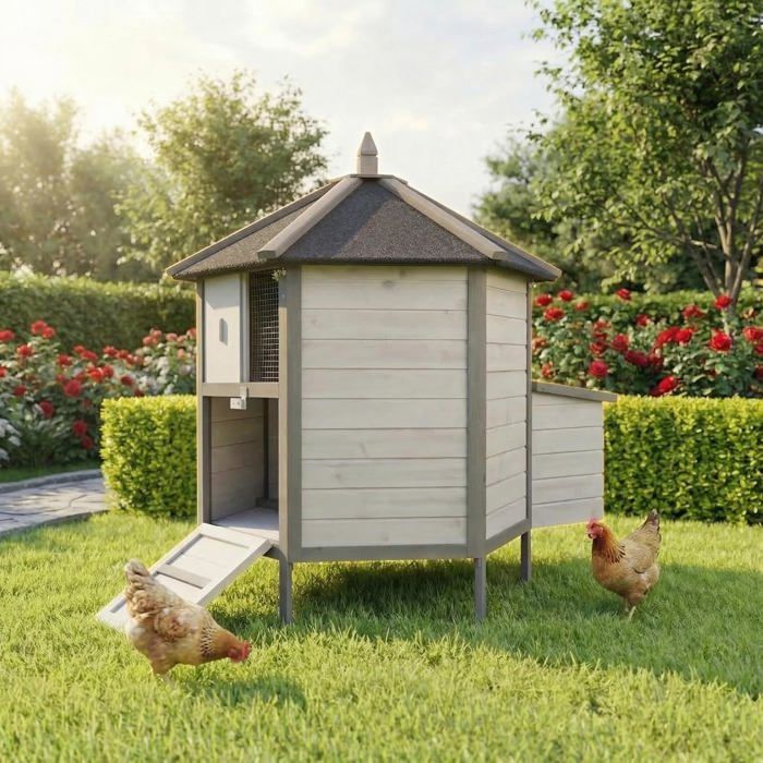 Meilleurs prix pour Poulailler bois pin Miweba MH-29 pour 4 poules – pondoir intégré perchoir volière trappe hiver gris/blanc
