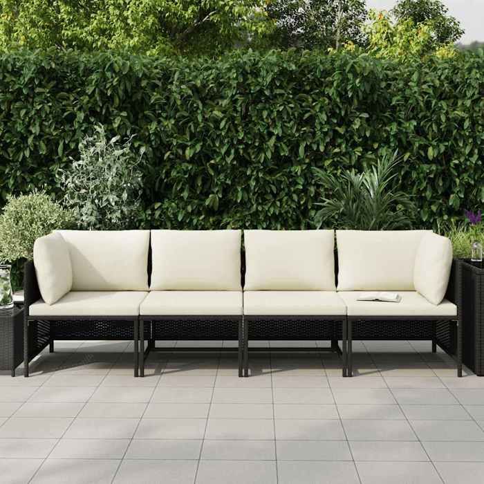 Noir Siège de jardin - Canapé de jardin - à 4 places - avec coussins - Noir Résine tressée C3381