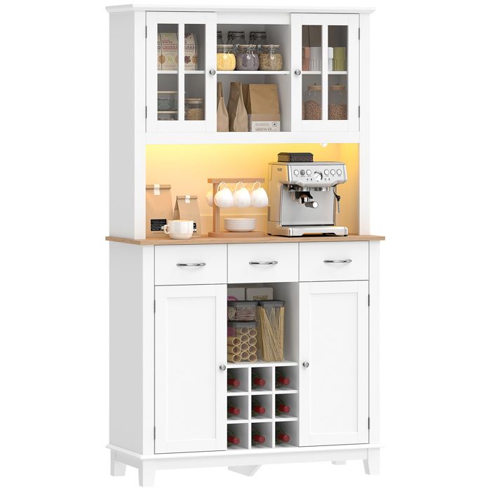 Armoire de cuisine - HOMCOM - éclairage LED - 4 portes dont 2 en verre tiroirs porte-bouteilles - bois - 100x395x180cm - blanc