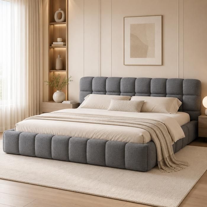 Lit Bulle Double 140x190 cm en Lin Lit rembourré avec Tête de Lit Capitonnée et Sommier à Latteslit adulteGris