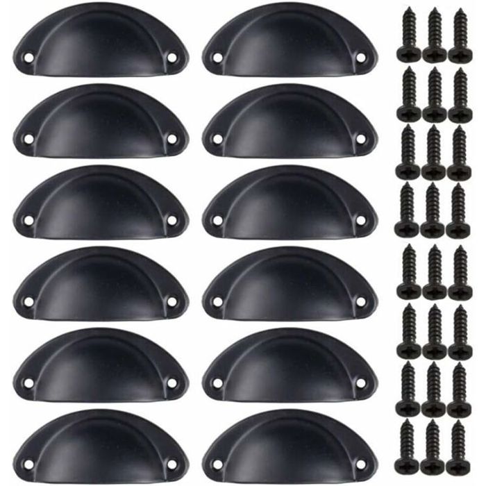 Poignée de coquille vintage pour tiroir et armoire – Lot de 12 – Dimensions 81x35mm – Entraxe 65mm – Finition métal noir –