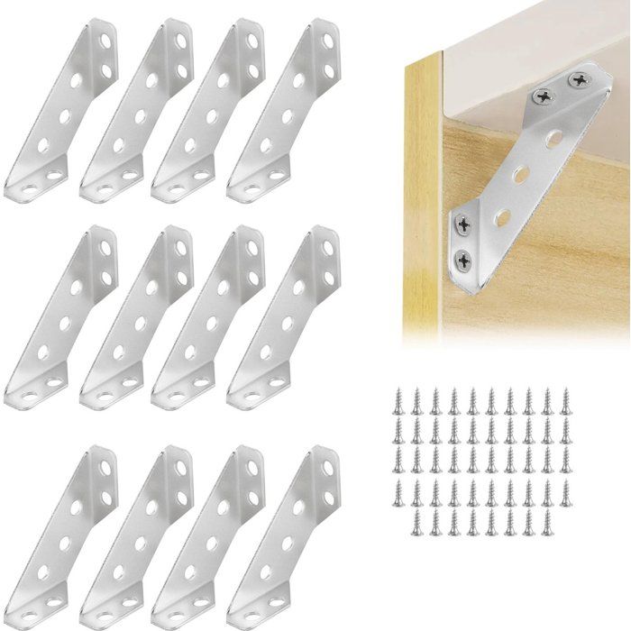 Équerres De Renfort Angle Droit 12 Pièces Avec 48 Vis Supports Triangulaires Inox Pour Meubles Étagères Et Armoires Argenté