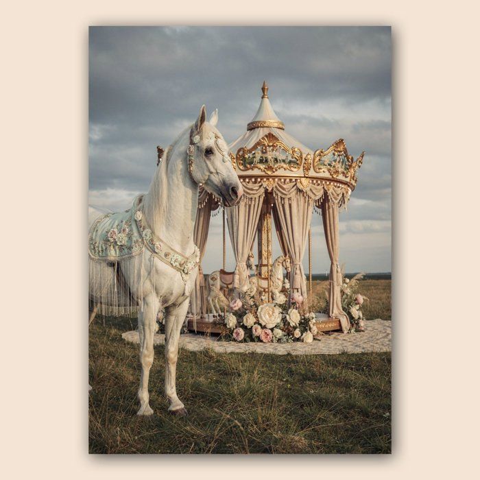 Affiche animaux A3 Cheval blanc carrousel vintage - Poster déco chic décoration murale salon chambre - Papier mat 230g