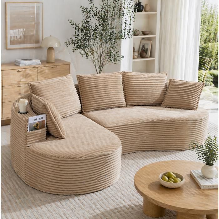 Canapé 3 places courbé en velours côtelé kaki 250 x 152 x 82 cm avec porte-gobelets poche latérale et coussins
