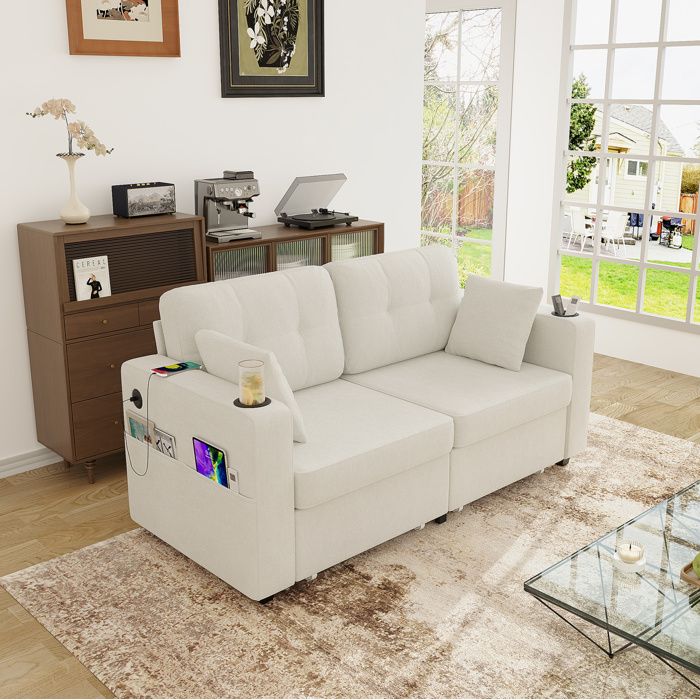 Canapé fixe 2 places beige en chenille avec rangements USB porte-gobelets et poches latérales