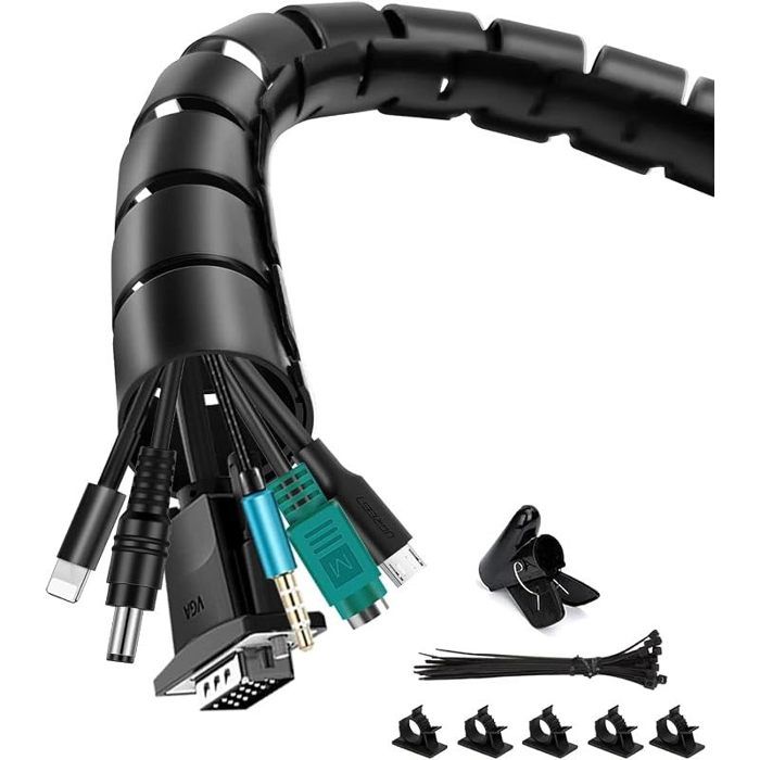 Cache Cable Range Câble 2x1.5M Noir Manchon de Rangement Organisateur de Câble avec 20 Colliers de Câble 5 Clips de Câble