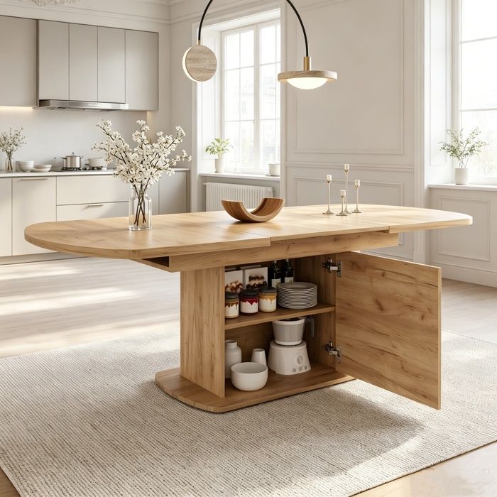 Table à Manger Ovale Extensible 140/200x80x75cm Table à Manger avec Rangement Table de Cuisine pour 6 à 8 personnes Chêne