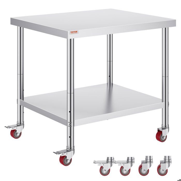 Table de travail inox 91x76x86 cm avec roulettes freinées étagère réglable charge 160kg pour cuisine hôtel restaurant