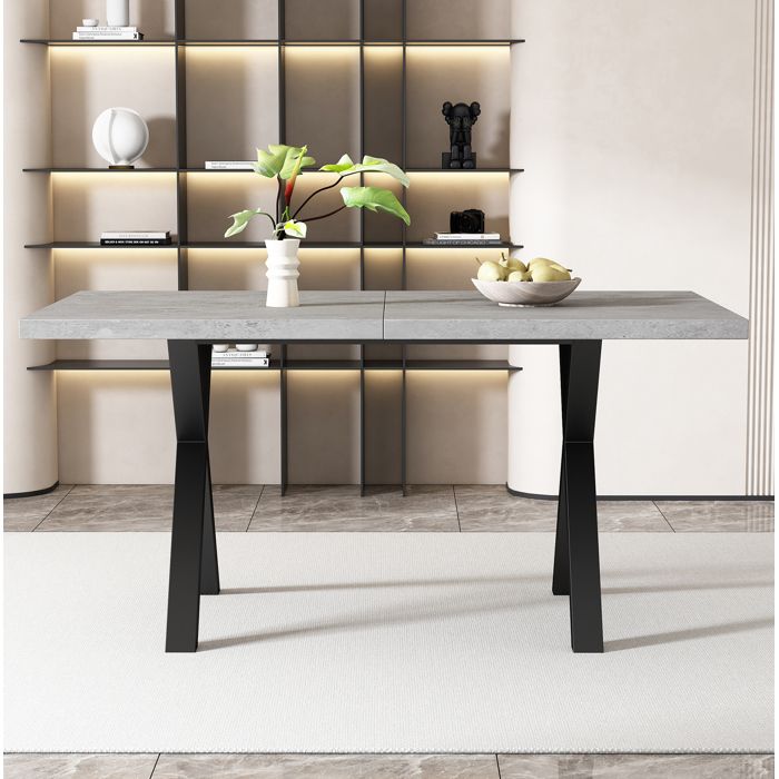Table à manger rectangulaire 140 x 80 x 76 cm aspect béton gris et noir avec pieds croisés en métal