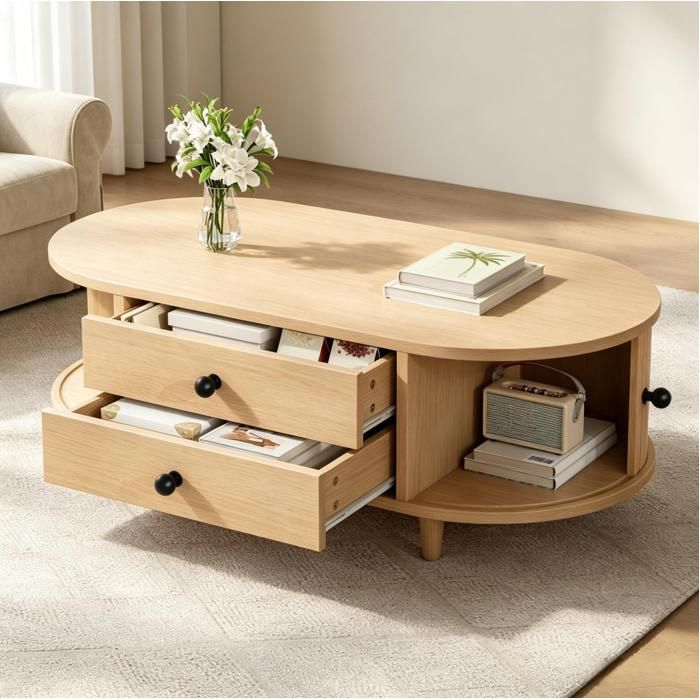 WUVRIE Table basse de salon 100 x 50 x 36 cm MDF bois clair 2 tiroirs et rangements latéraux