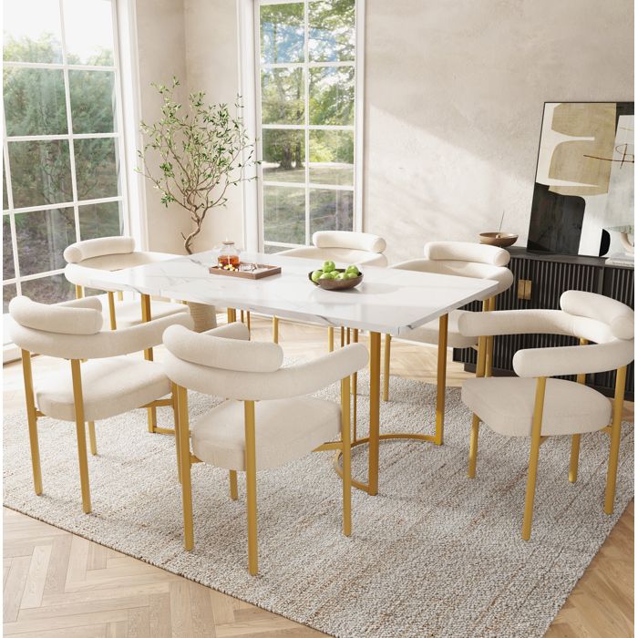 Ensemble repas 7 pièces table 140 x 80 cm et 6 chaises beige pieds métal doré style moderne