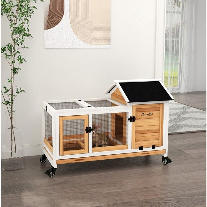 Clapier mobile en bois pour lapins nains et cobayes avec roulettes toit ouvrant et bac amovible 108 x 58 x 735 cm