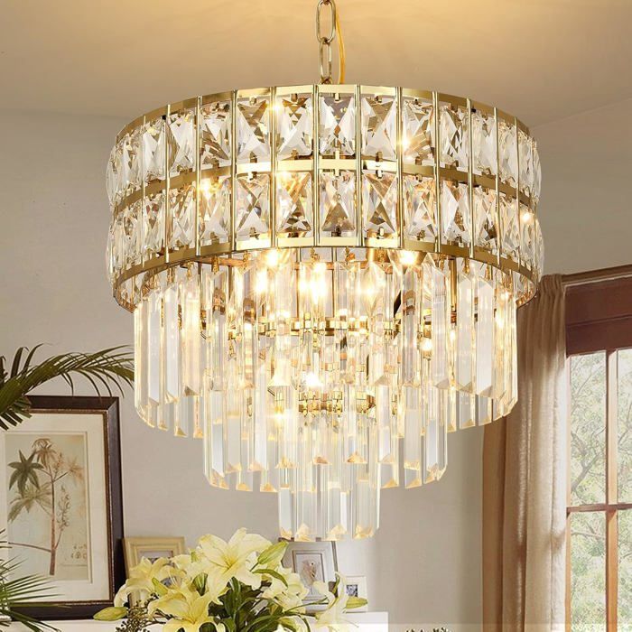 Lustre Moderne En Cristal Luminaire Finition Or Lampe Pendante Ronde En Cristal Pour Salon Salle À Manger Restaurant E14 X 4[BI52]