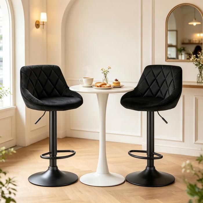 PIPIPOXER Tabourets de Bar Lot 2Hauteur Réglable Rotatif 360° Velours Matelassé Diamant Chaise de Comptoir Noir 39x31x84 5/101