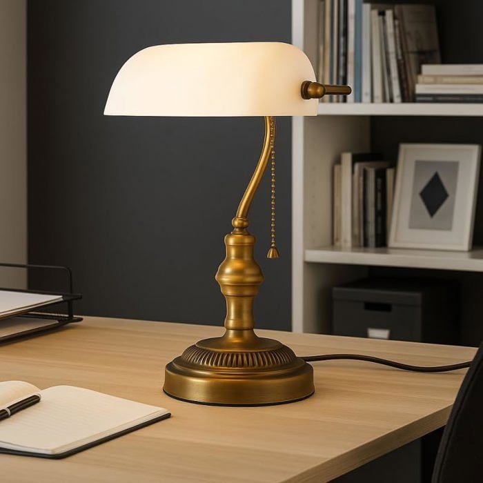Lampe de Table - B·LED BARCELONA LED - Banquier Vintage - Abat-jour verre orientable - Base métal laiton - Culot E27 40W
