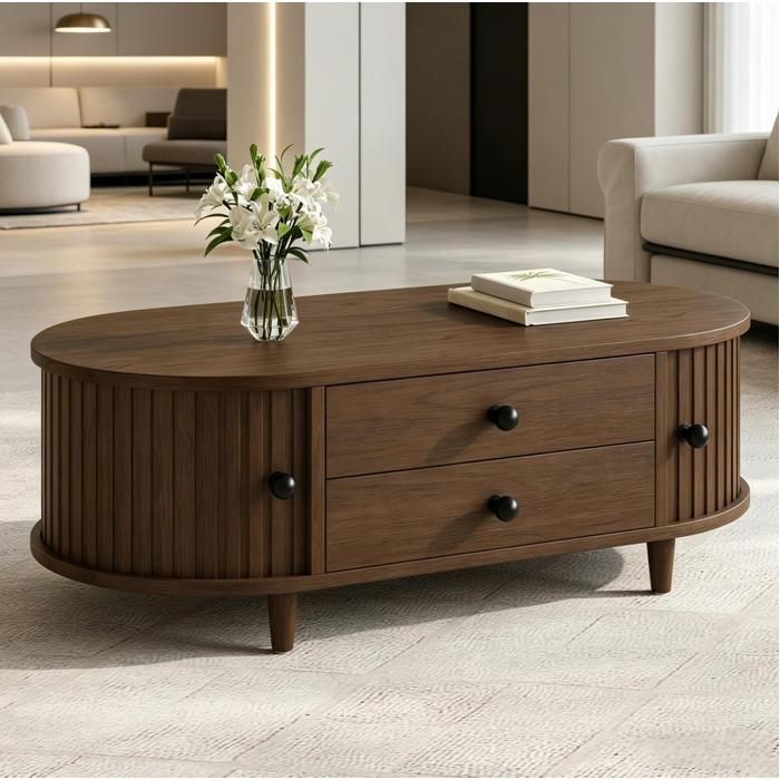 Table basse salon noyer 100x50x36 cm avec 2 tiroirs et portes roulantes MDF pieds en bois TYNQER