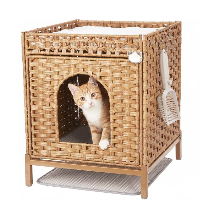 Meuble Litière Chat en Rotin –Cadre Métal Robust Coussin Crochets et Tapis pour Intérieur/Décoration 52x47x59cm