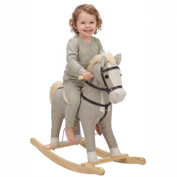 Cheval à bascule pour enfants - AIYAPLAY - effets sonores ceinture de sécurité - tissu effet lin - 71 x 30 x 68 cm - gris