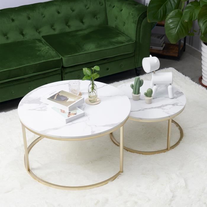 Table Basse Gigogne GOKHOMX - 2 Tables Rondes Imitation Marbre - Pied Métal Doré - Ø80 Et 60cm