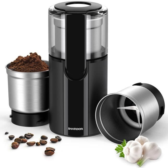 Moulin à café Lames en acier inoxydable avec protection anti-usure De couleur noir épices et graines 100% sans BPA puissance de 200W et capacité de 75 gr Design exclusif. 