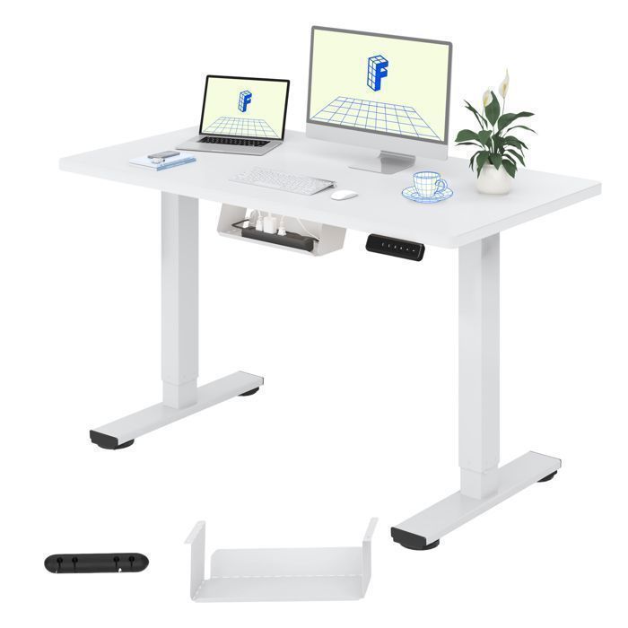 FlexiSpot Bureau Assis-Debout Électrique 100x60cm Bureau Réglable en Hauteur avec Étagère et Crochet Plateau dune Pièce Blanc