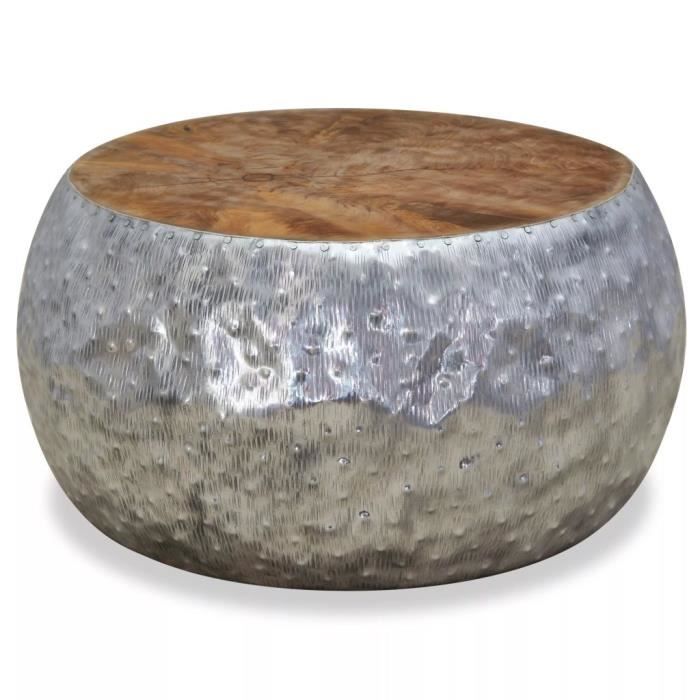 Table basse ronde en aluminium et teck - SIB - 60 x 60 x 30 cm - Gris - Salon - Contemporain - Design