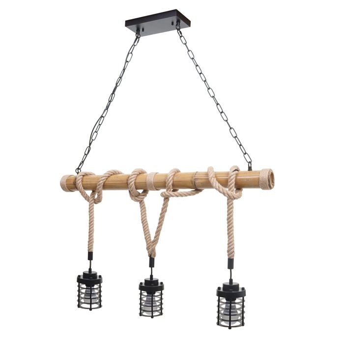 Lampe a suspension lustre style ndustrielle vintage bambou corde metal noir 3x Abat Jour cage 04_0004045