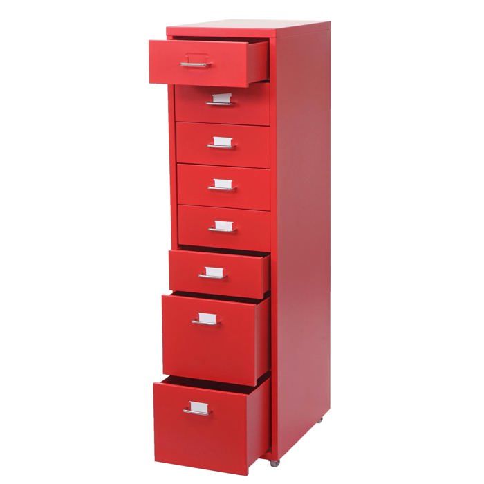 Caisson a tiroirs sur roulettes rangement bureau 8 tiroirs 110x28x41cm en acier rouge 04_0004356