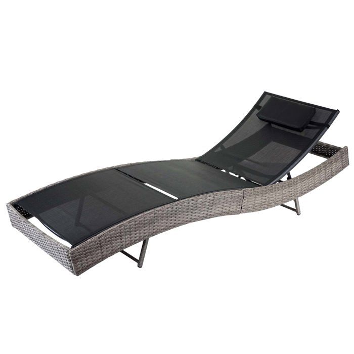 Chaise longue transat bain de soleil pour jardin poly-rotin gris housse noir