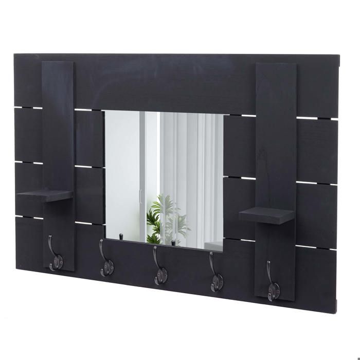 Porte manteau mural miroir panneau style vintage avec 5 crochets 90x60cm en bois gris fonce 04_0000996 Porte manteau mural miroir panneau style vintage avec 5 crochets 90x60cm en bois gris fonce 04_0000996